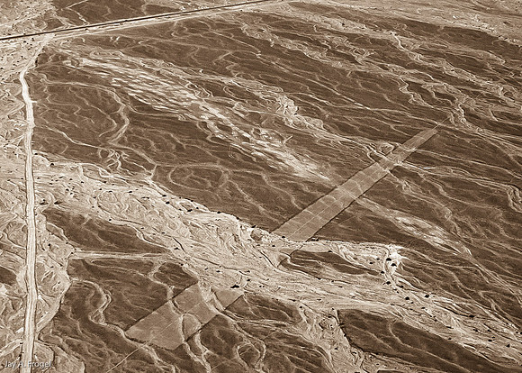 Flood channels, parallel markings, Nazca Lines; Pan American Hwy across the top