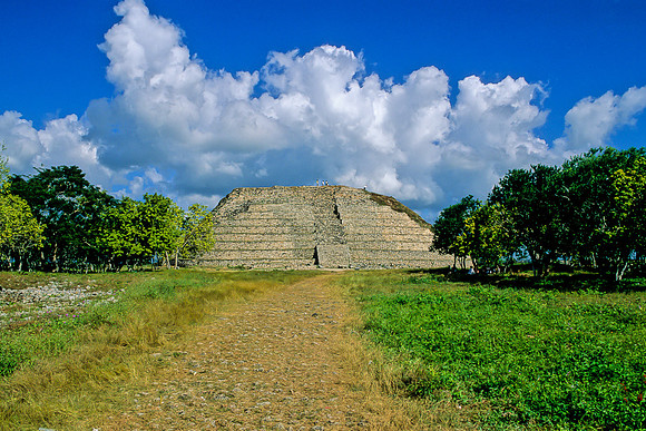 Izamal  -   Upper Pyramid of Kinich Kak Moo viewed from the broad top of the lower pyramid.