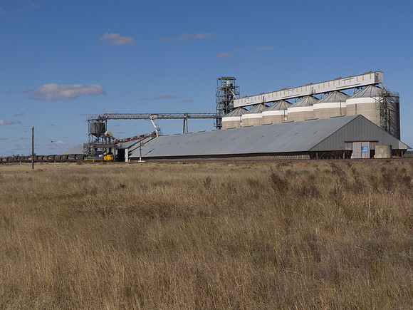 Grain Silos and train, Nevertire, NSW