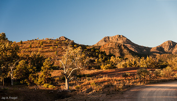 Looking east at sunset to the SW Rim of Wilpena Pound from the Moralana Drive